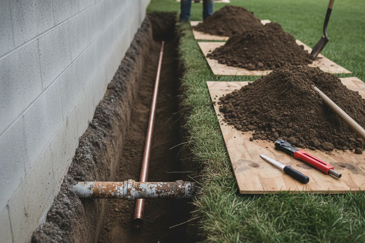 Excavated water line trench during Water Heater Repair in Guilderland